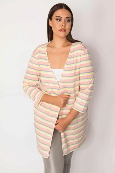 Şans Women's Large Size Pink Cotton Fabric Striped Cardigan 65n29664