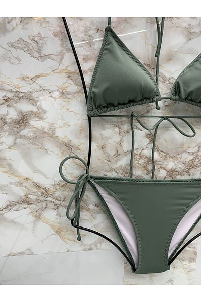 XORVİO Women's New Season Lycra Stretchy Side Neck Tie Stylish Drawstring Triangle Pistachio Green Bikini Set