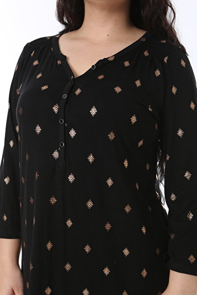 Şans Plus Size Black Metal Button Lycra Blouse - Sleeve Height Adjustable 65N38764