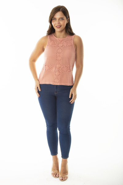 Şans Women's Large Size Salmon Front Lace Inside Viscose Blouse 65N36941