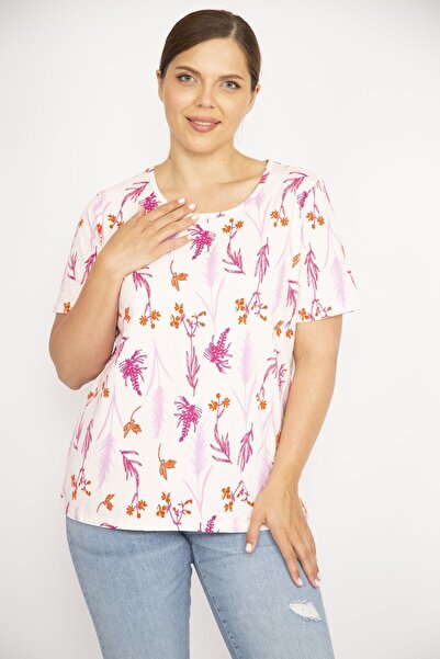 Şans Women's Pink Large Size Cotton Fabric Crew Neck Short Sleeve Patterned Blouse 65n36543