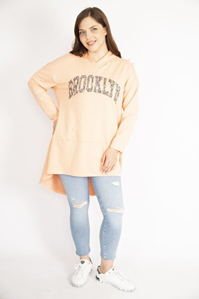 Şans Women's Salmon Plus Size Sequin Detailed Hooded Long Back Sweatshirt 65n36430