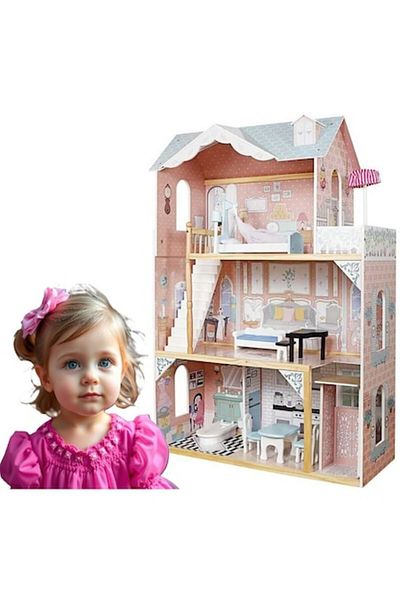 indiggo Wooden Dollhouse, Modern Villa, 3 Levels, 4 Rooms, Stairs, Elevator, Height 121cm, Pink/blue
