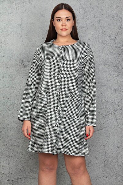 Şans Women's Large Size Black Houndstooth Patterned Unlined Jacket 65n20583