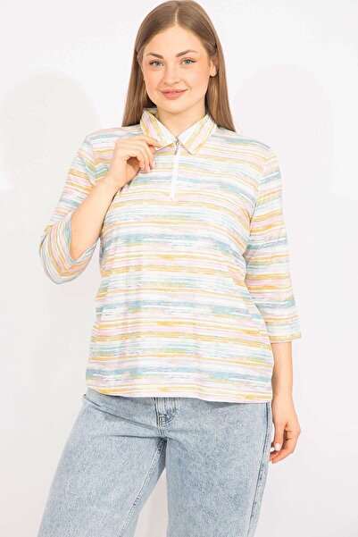 Şans Жіноча кольорова блуза великого розміру з бавовняної тканини з застібкою...