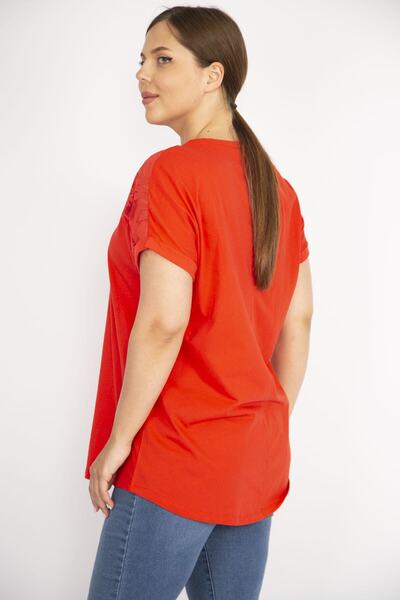 Şans Women's Large Size Pomegranate Cotton Fabric Robe Tulle Applique Long Blouse 65n36625