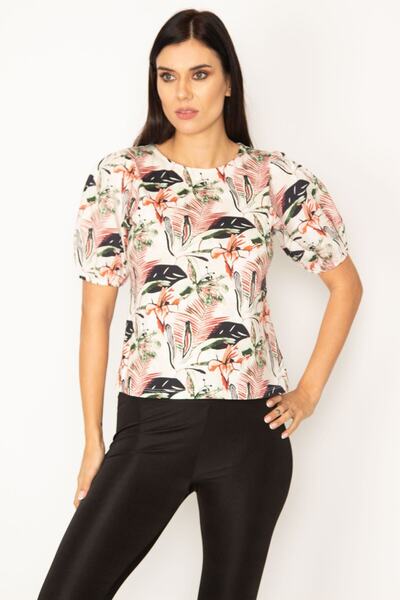 Şans Tekstil Women's Colorful Flower Patterned Sleeve Detailed Blouse 85n6646