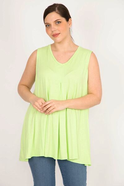 Şans Women's Green Large Size Front A Pleated V-Neck Sleeveless Tunic 65n36082