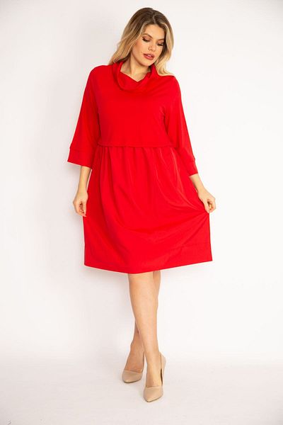Şans Women's Large Size Red Stand-Up Collar Skirt Part Collar And Cuffs Spun Fabric Dress 65n35038
