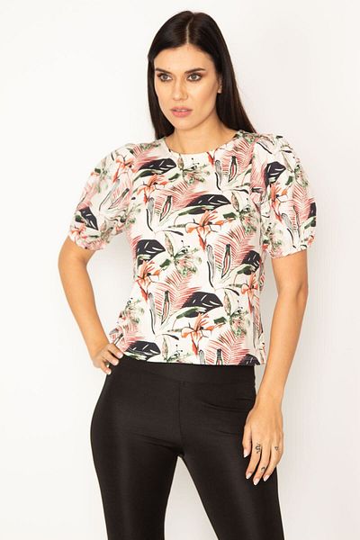 Şans Tekstil Women's Colorful Flower Patterned Sleeve Detailed Blouse 85n6646