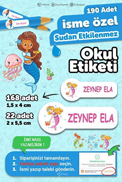 MSticker Okul Etiketi Kalem Defter Etiketi Deniz Kızları Temalı Özel Isim Yaz...