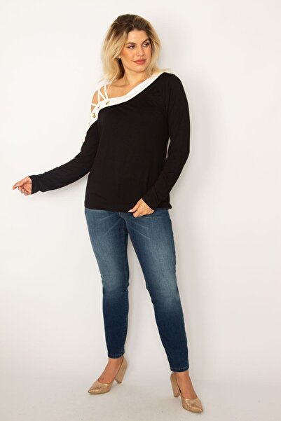 Şans Γυναικεία Δίχρωμη Λεπτομερής Δίχρωμη Μπλούζα Μαύρο Μεγάλο Μέγεθος 65n36711