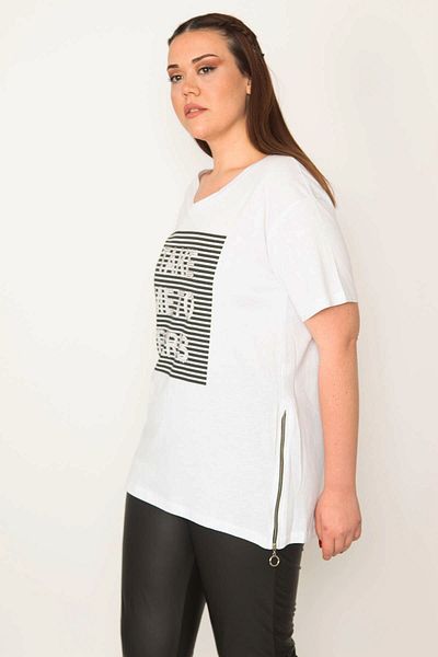 Şans Γυναικεία Plus Size Λευκή Μπροστινή Πέτρα και Γραμμή Λεπτομερής Μπλούζα με φερμουάρ στο πλάι 65n32526