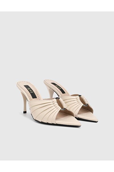 İLVİ Turlock Hakiki Deri Krem Kadın Topuklu Terlik