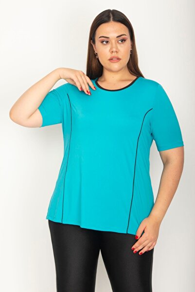 Şans Kadın Büyük Beden Turkuaz Biye Ve Kup Detaylı Spor Bluz 65n27223