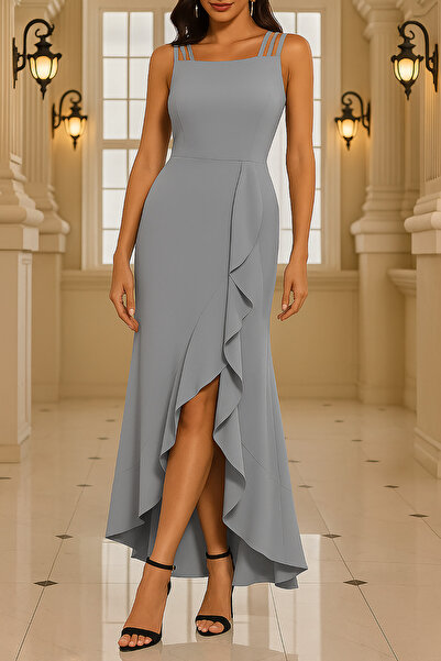 Deafox Gray Women's Strap Flounce Slit Detail Crepe Fabric Long Dress