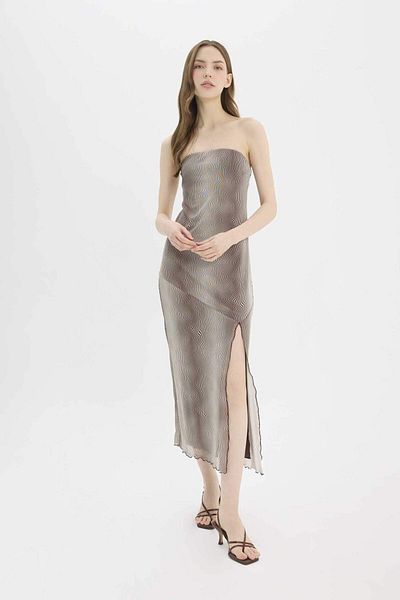 DeFacto A-Line Strapless Patterned Tulle Slit Maxi Evening Dress E0485Ax25Sm