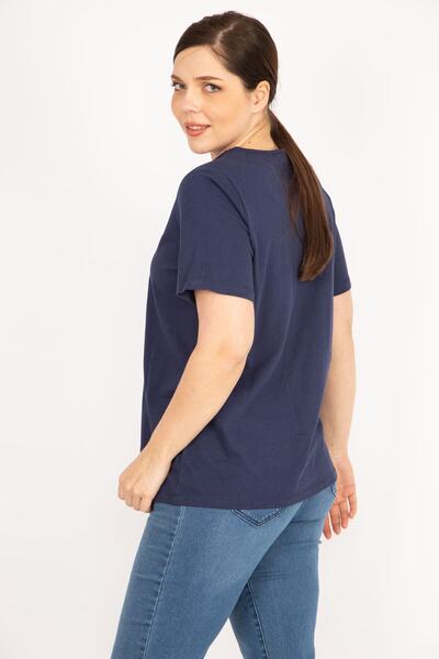 Şans Women's Navy Blue Large Size Cotton Fabric Collar Lace Blouse 65n36079