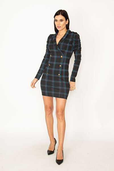Şans Tekstil Plaid Pattern Double Breasted Dress with Metal Buttons 26a18380
