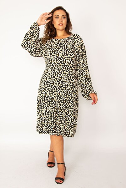 Şans Women's Large Size Colorful Waist Detailed Long Sleeve Dress 65n34050