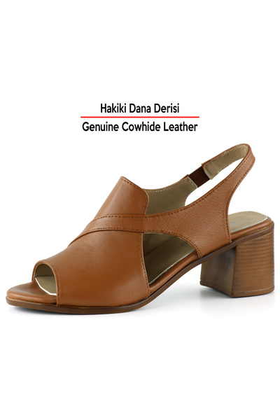 Erkan Saçmacı Saules Tan Genuine Calfskin Cutout Detailed Rubber Band Thick Heeled Sandals