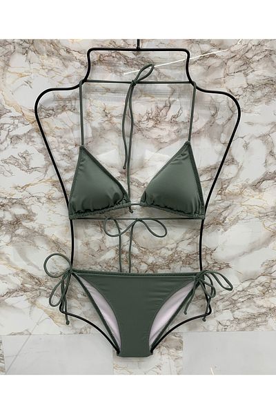 XORVİO Women's New Season Lycra Stretchy Side Neck Tie Stylish Drawstring Triangle Pistachio Green Bikini Set