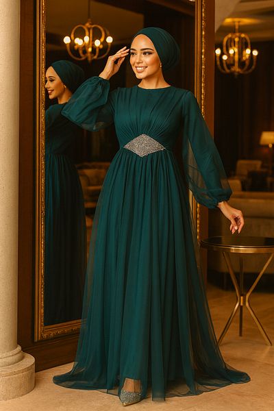 Neva Style Βραδινό φόρεμα Hijab Πράσινο Τούλι 54230y