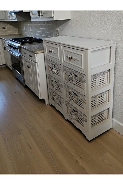 Özkar Ahşap 8 Çekmeceli Hasır Görünümlü Sebzelik Beyaz