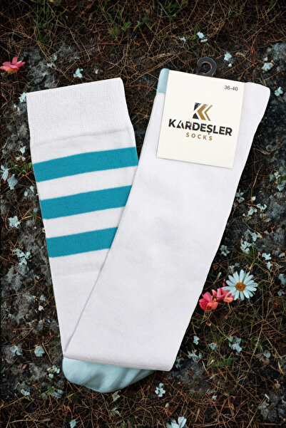 KARDEŞLER ÇORAP Turquoise Striped White Knee High Cotton Socks