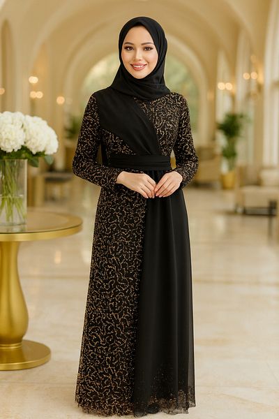 Neva Style Sequin Gold Hijab Evening Dress 56180Gold