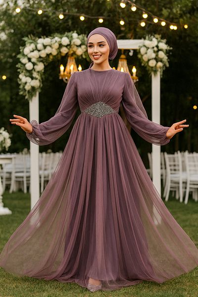 Neva Style Вечерна рокля от сух хиджаб от тъмна роза от тюл 54230kgk