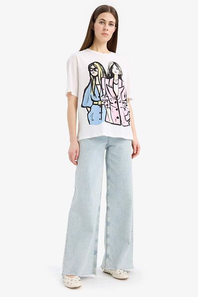 DeFacto Tricou cu mânecă scurtă din bumbac pieptănat cu imprimeu pentru fete, cu decolteu normal, E5142AX25SM