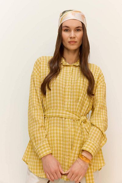 DeFacto Cămașă hijab cu mânecă lungă, cu textura Gofră, cu centură, Relax Fit Gingham Tunica E4558AX25SM
