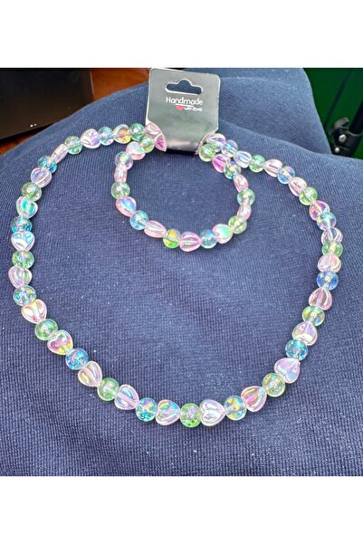 RENKA ÇOCUK İçin Pembe Kalpli ve Yeşil Boncuklu Kolye Bilekli Seti -