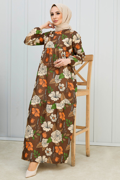 TOFİSA Brown Women's Dress - Straight Crew Neck - 11007