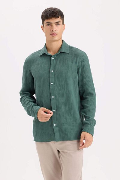 DeFacto 100% Cotton Regular Fit Polo Collar Muslin Long Sleeve Shirt W7832Az25Sp