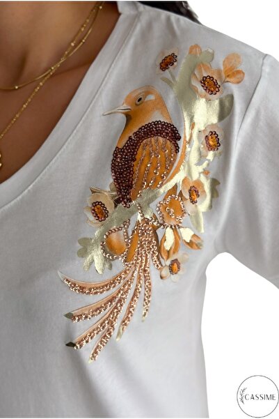 Cassime Kadın Beyaz V Yaka Kuş Pul Payet İşlemeli %100 Pamuk Tişört