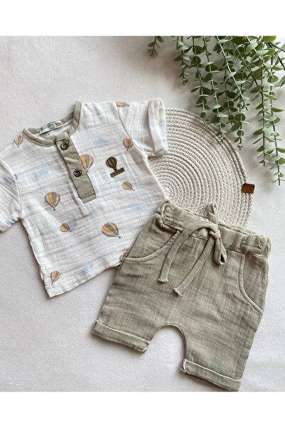 Nanon Baby %100 Pamuk Erkek Bebek 2'li Müslin Takım Kısa Kollu ve Şort Takım