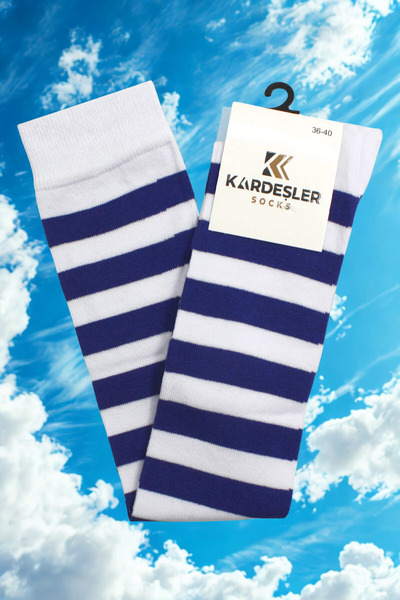 KARDEŞLER ÇORAP Saks Ve Beyaz Şeritli Diz Üstü Pamuklu Çorap