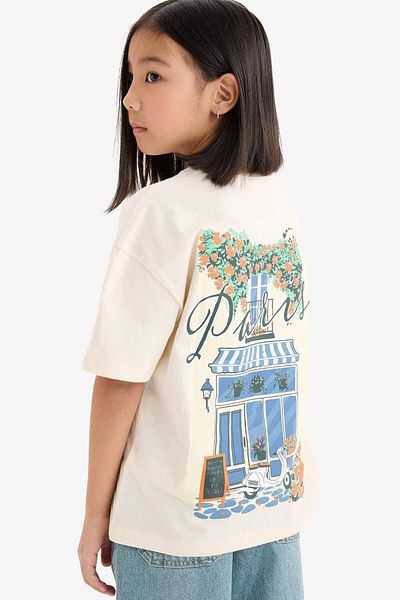 DeFacto Girl's Oversize Wide Fit Crew Neck Back Printed Short Sleeve T-Shirt E0367A825Sm