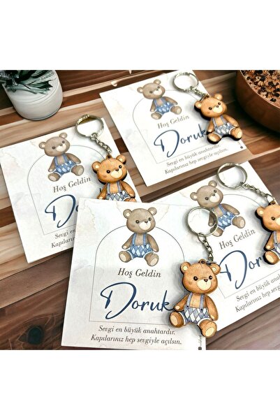 süslebeni 10 Adet Ahşap Kesim Ayıcık Anahtarlık Bebek Hediyeliği