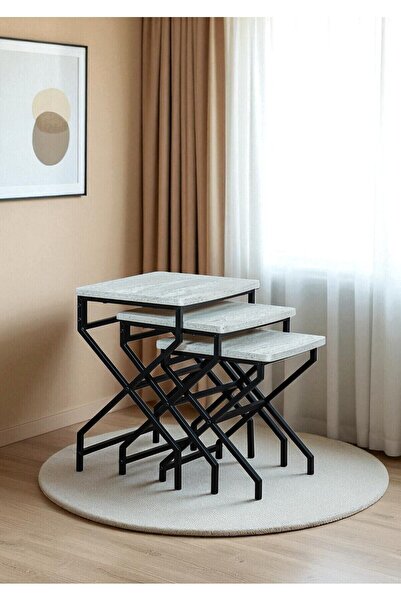 Bye Concept More DEKORATİF 3’LÜ ZİGON SEHPA METAL AYAKLI BEYAZ AHŞAP KARE MİSAFİR SERVİS SEHPASI ORTA SEHPA