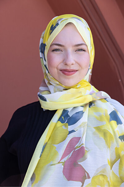 49eyşanipek Romantik Sarı Çiçek Desenli Pamuklu Şal