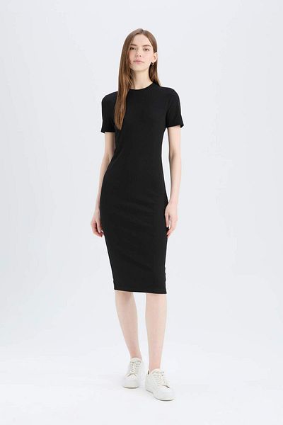 DeFacto Bodycon Body Hugging Crew Neck Basic Plain Ribbed Camisole Short Sleeve Midi Dress E6926Ax25Sp