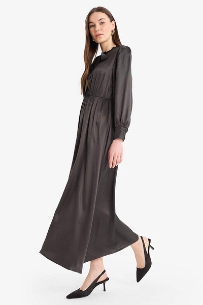 DeFacto Regular Fit Bow Collar Satin Long Sleeve Midi Dress F0819Ax25Sp