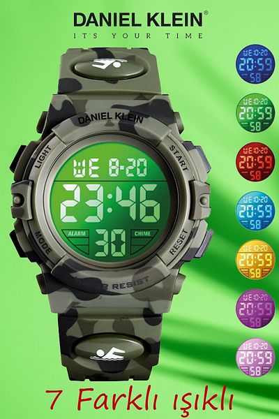 Daniel Klein Army Green Camouflage Children's Wristwatch with Alarm and Stopwatch, 7 Different Lights, for Ages 8-12
