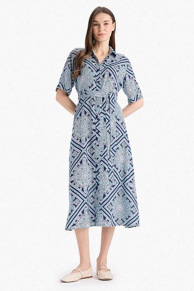 DeFacto A-Line Shirt Collar Printshort Sleeve Midi Dress with Sashes D4575Ax25Sp