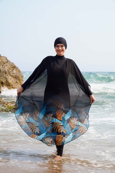 vawensea Women's Blue Leaf Panel Patterned Single Pareo on Hijab Swimsuit