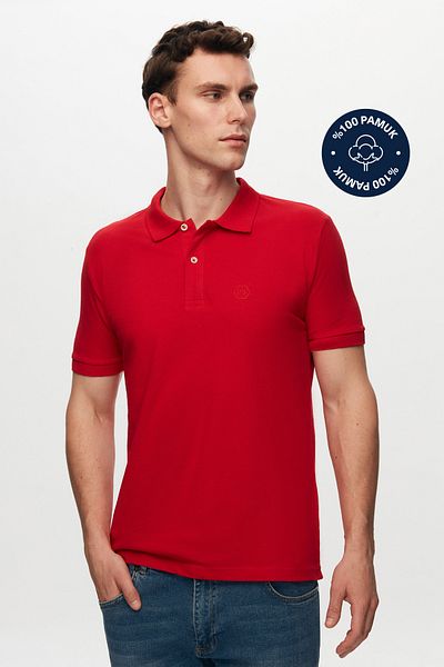 D'S Damat Тениска Regular Fit Red Pique Textured 100% Cotton Non-curd Polo яка и бродирана тениска