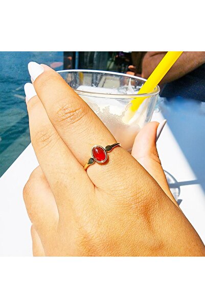 FasekGold Tektaş Altın Yüzük - 14 Ayar Altın 0.90 Karat Akik Taşlı Tektaş Evl...